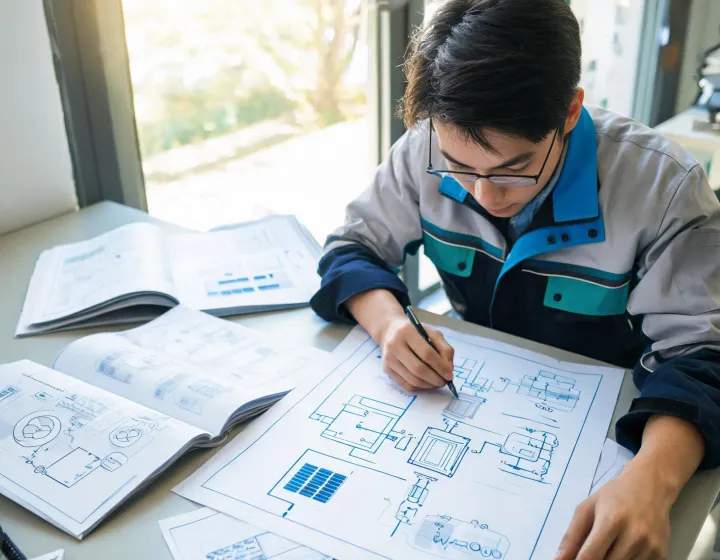 Engineer reviewing solar inverter documentation